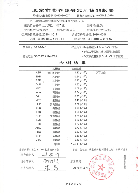 土元雞含“鋅”蛋檢測報(bào)告
